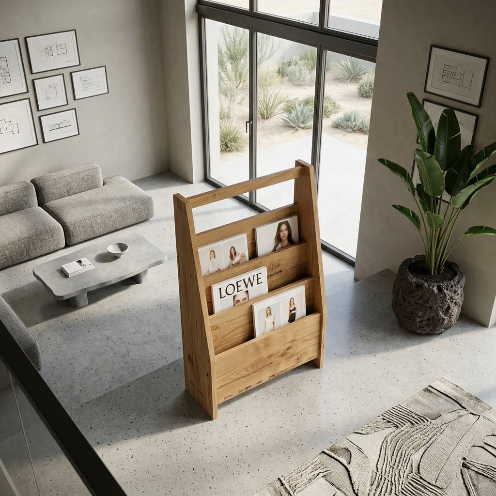 Minimalistischer dreistöckiger gestufter Zeitschriftenständer aus Massivholz in einem zeitgenössischen Wohnzimmer