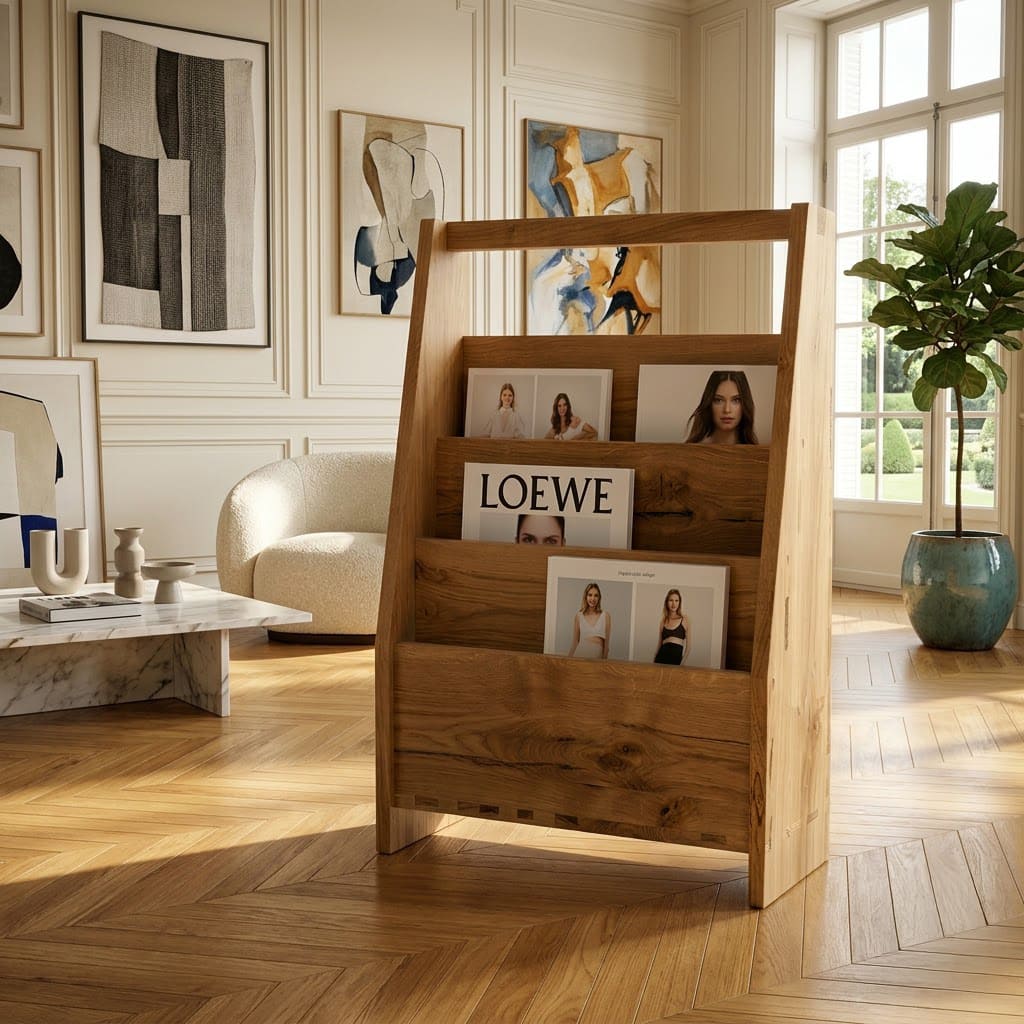 Eleganter Zeitschriftenständer aus Massivholz mit integriertem Griff, präsentiert in einem stilvollen Wohninterieur