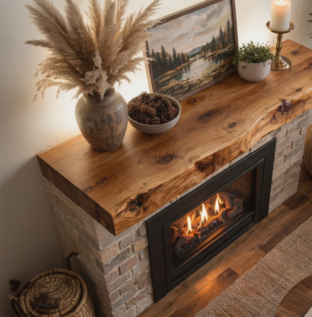 Rustikales Baumkanten-Kaminregal aus Holz