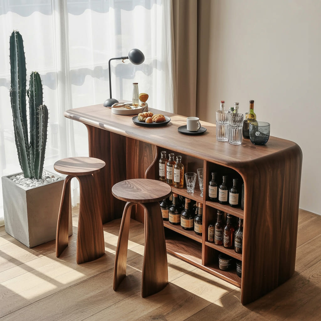 Geschwungener Hausbar-Schrank aus Massivholz mit integrierter Weinlagerung