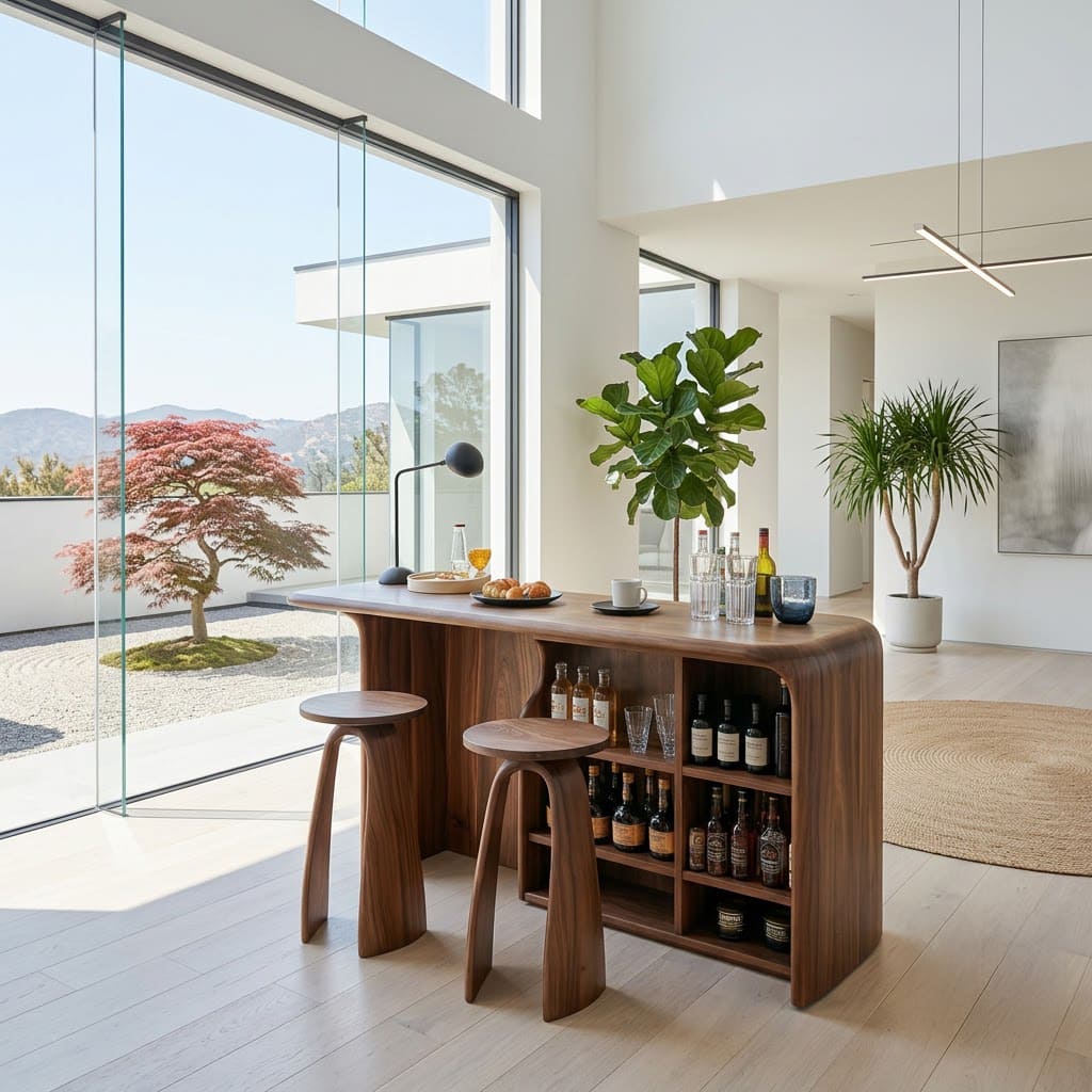 Barschrank-Tisch aus Massivholz im geschwungenen Design mit eingebauter Weinlagerung für stilvolle Wohninterieurs