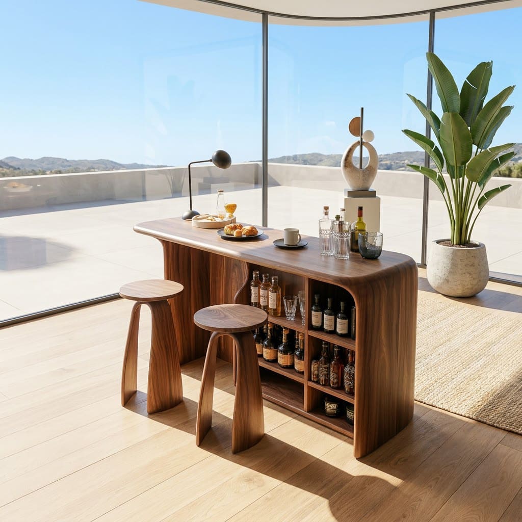 Moderner geschwungener Hausbar-Schrank aus Massivholz mit Weinlagerung für zeitgenössische Bewirtungsbereiche