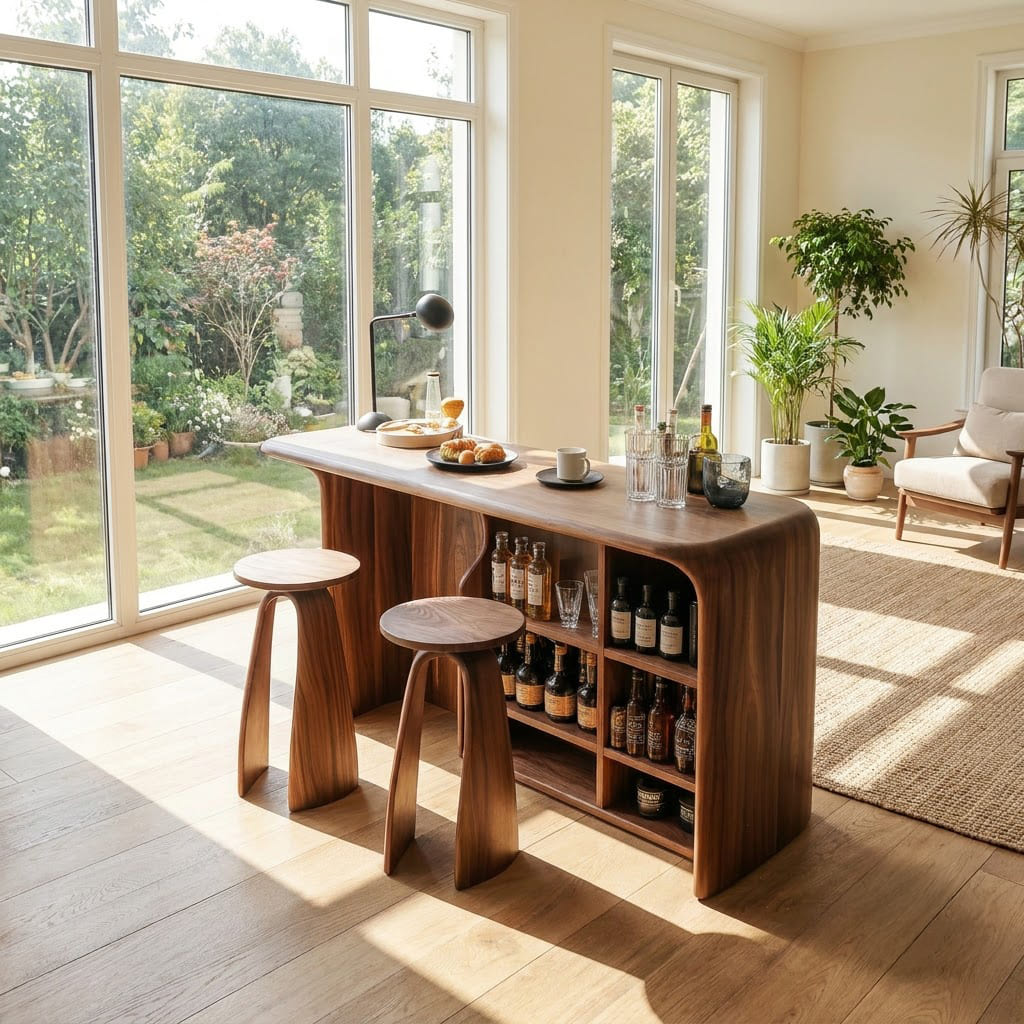 Geschwungener Hausbar-Schrank aus Massivholz mit integrierter Weinlagerung für moderne Essbereiche