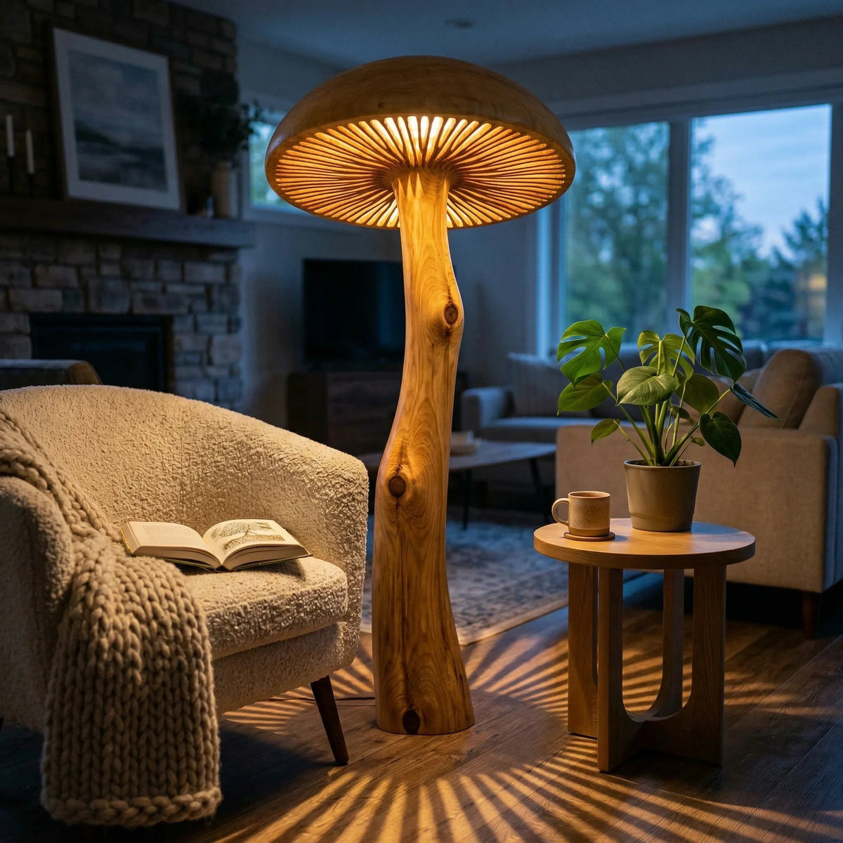 Pilz-Stehlampe aus Massivholz mit skulptiertem Stammstiel und breitem Schirm in einem gemütlichen Wohnzimmer