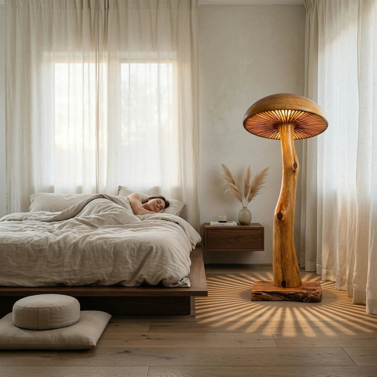 Pilz-Stehlampe aus Massivholz mit skulptiertem Stammstiel in einem gemütlichen modernen Schlafzimmer