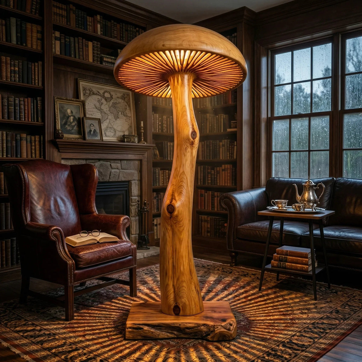 Pilz-Stehlampe aus Massivholz mit skulptiertem Stammstiel und breitem leuchtendem Hut in einer gemütlichen Bibliothek