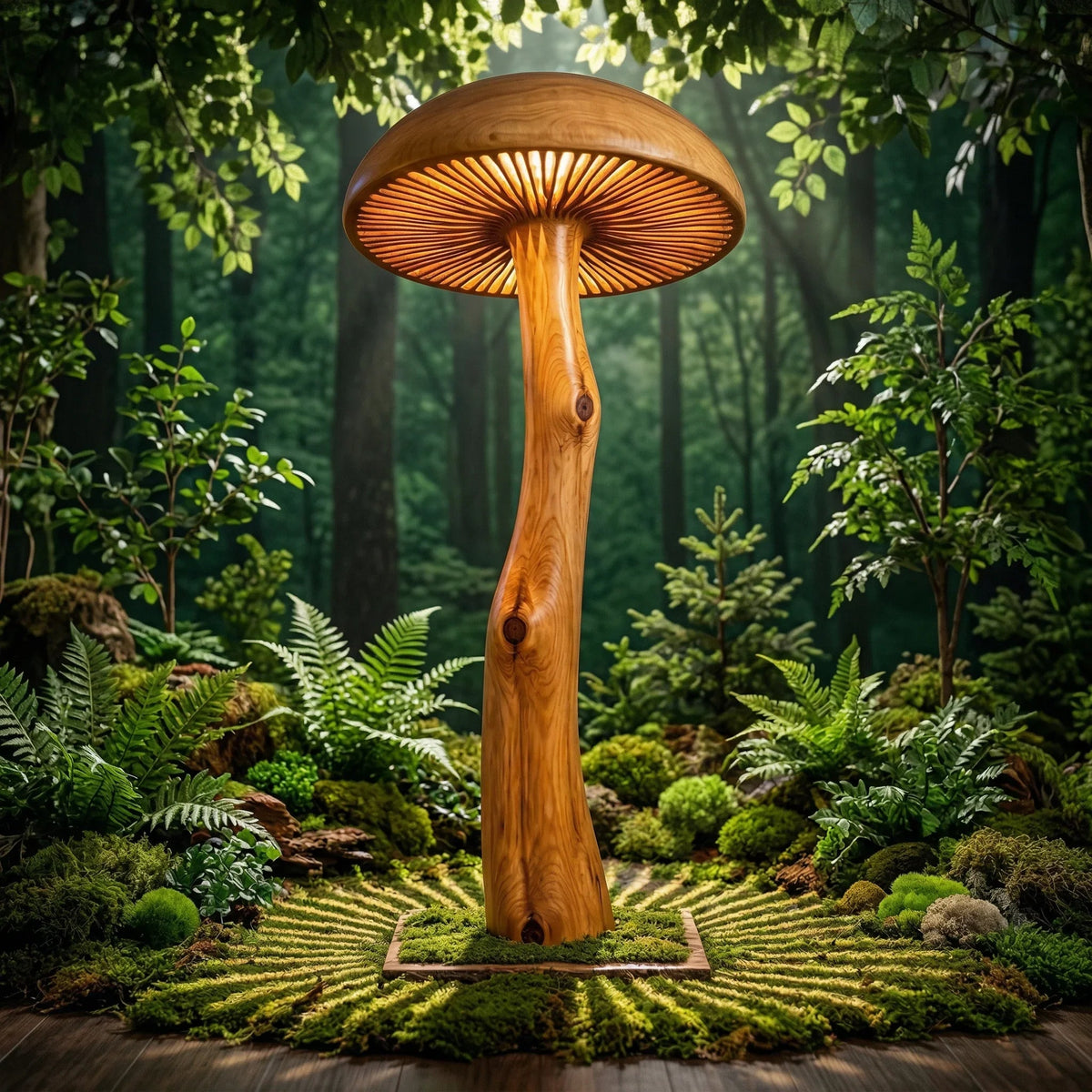 Pilz-Stehlampe aus Massivholz mit skulptiertem Stammstiel und breitem Hut in einer Waldumgebung