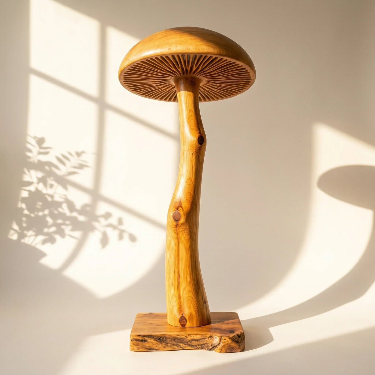 Pilz-Stehlampe aus Massivholz mit skulptiertem Stammstiel und breitem Hut im natürlichen Licht