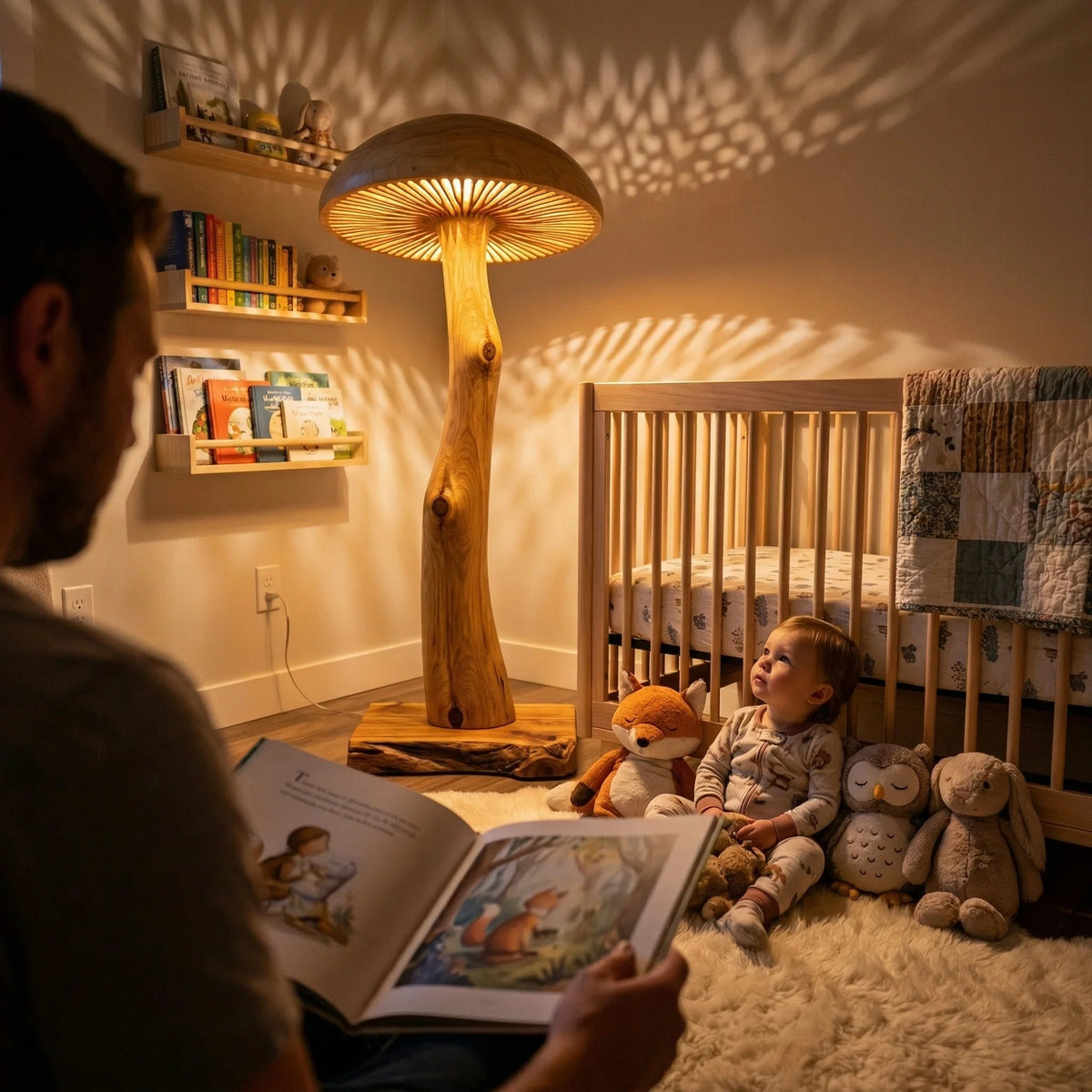Pilz-Stehlampe aus Massivholz mit skulptiertem Stammstiel, leuchtend neben einem Baby in einem gemütlichen Babyzimmer