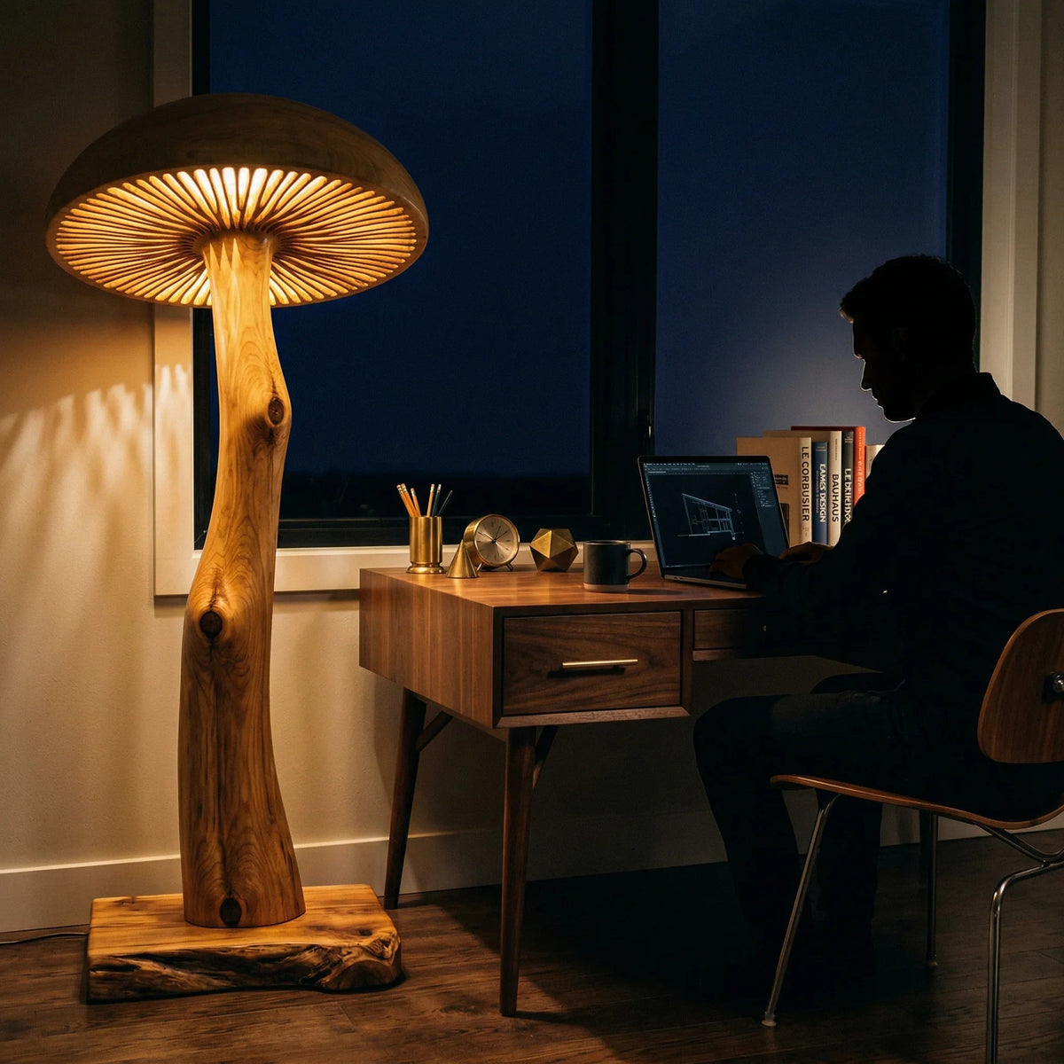 Pilz-Stehlampe aus Massivholz mit skulptiertem Stammstiel und breitem beleuchtetem Hut neben einem Schreibtisch
