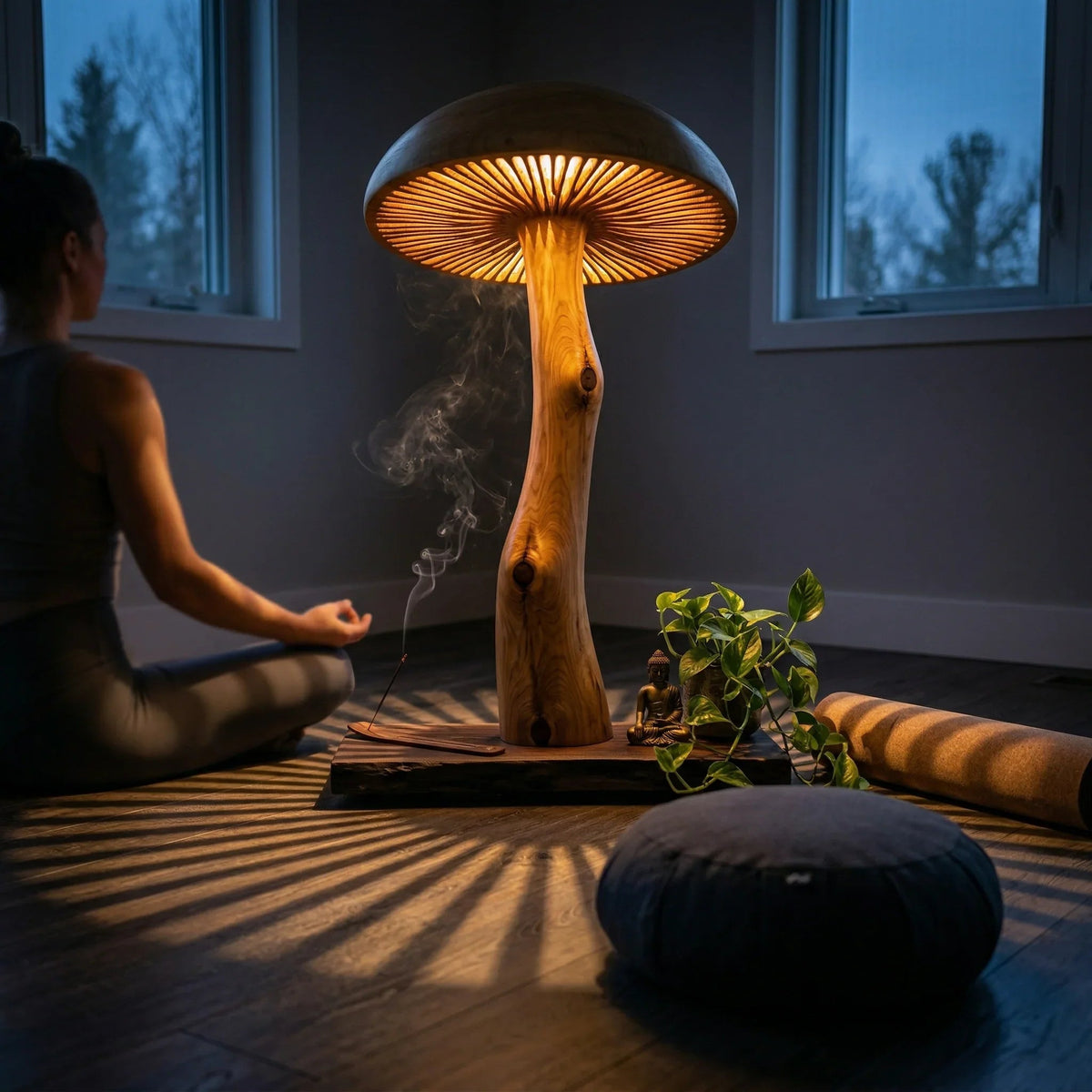 Pilz-Stehlampe aus Massivholz mit skulptiertem Stammstiel und leuchtendem Hut in einem gemütlichen Meditationsraum