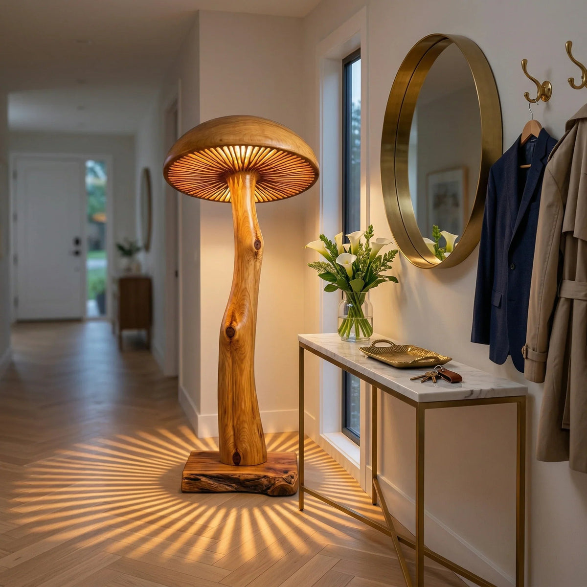 Pilz-Stehlampe aus Massivholz mit skulptiertem Stammstiel und breitem leuchtendem Hut in einem modernen Eingangsbereich
