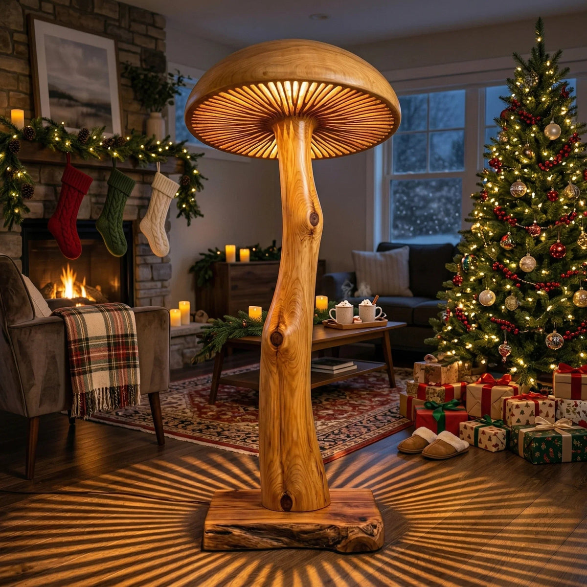 Pilz-Stehlampe aus Massivholz mit skulptiertem Stammstiel und breitem leuchtendem Hut in einem gemütlichen weihnachtlichen Wohnzimmer