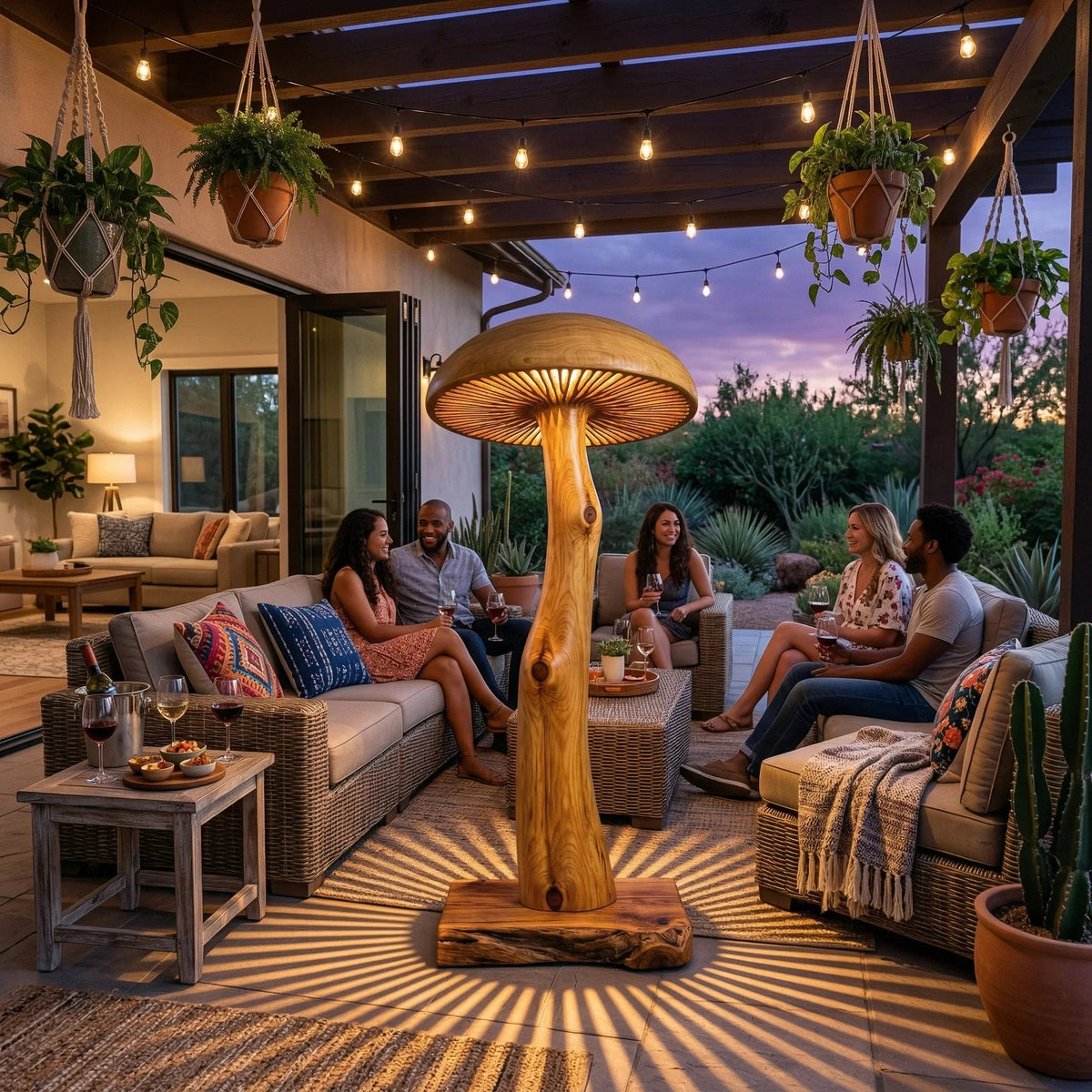 Pilz-Stehlampe aus Massivholz mit skulptiertem Stammstiel und breitem beleuchtetem Hut auf einer Terrasse.