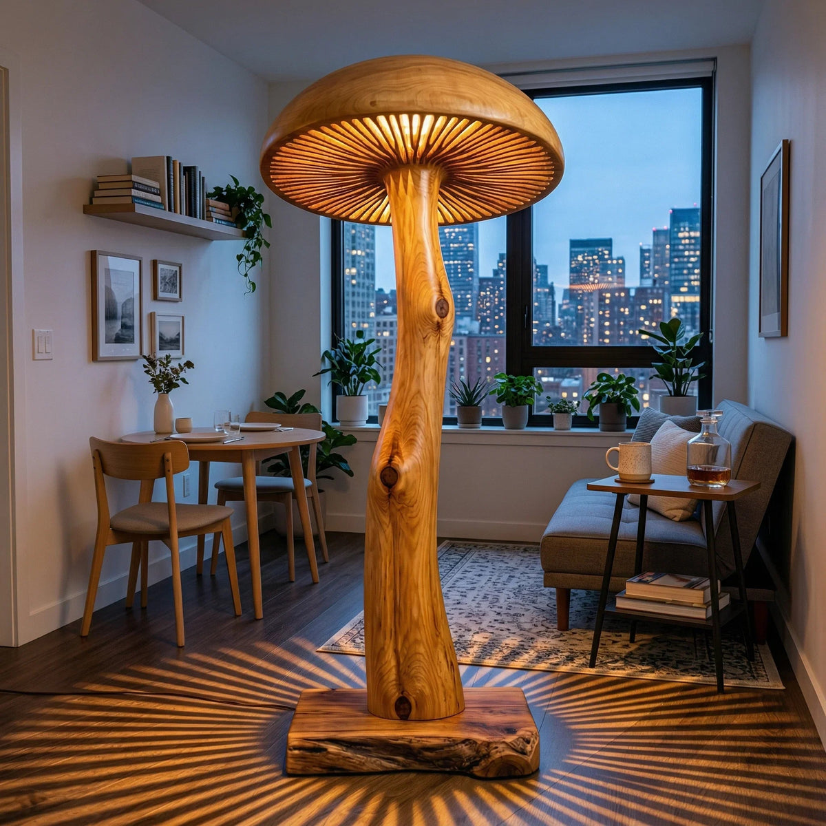 Pilz-Stehlampe aus Massivholz mit skulptiertem Stammstiel und leuchtendem breitem Hut in einem modernen Wohnzimmer