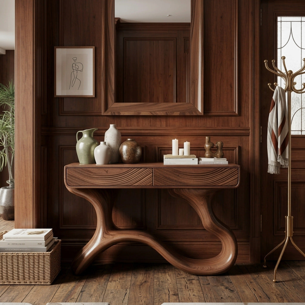 Zeitgenössischer Eingangstisch aus Massivholz in einem minimalistischen Zuhause