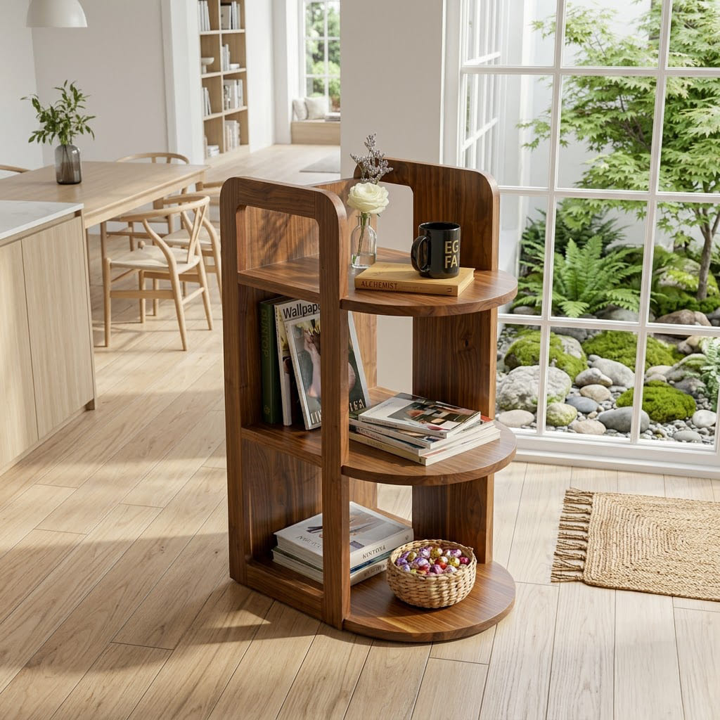 Eleganter gestufter Zeitschriftenständer aus Massivholz, präsentiert in einem stilvollen Wohninterieur