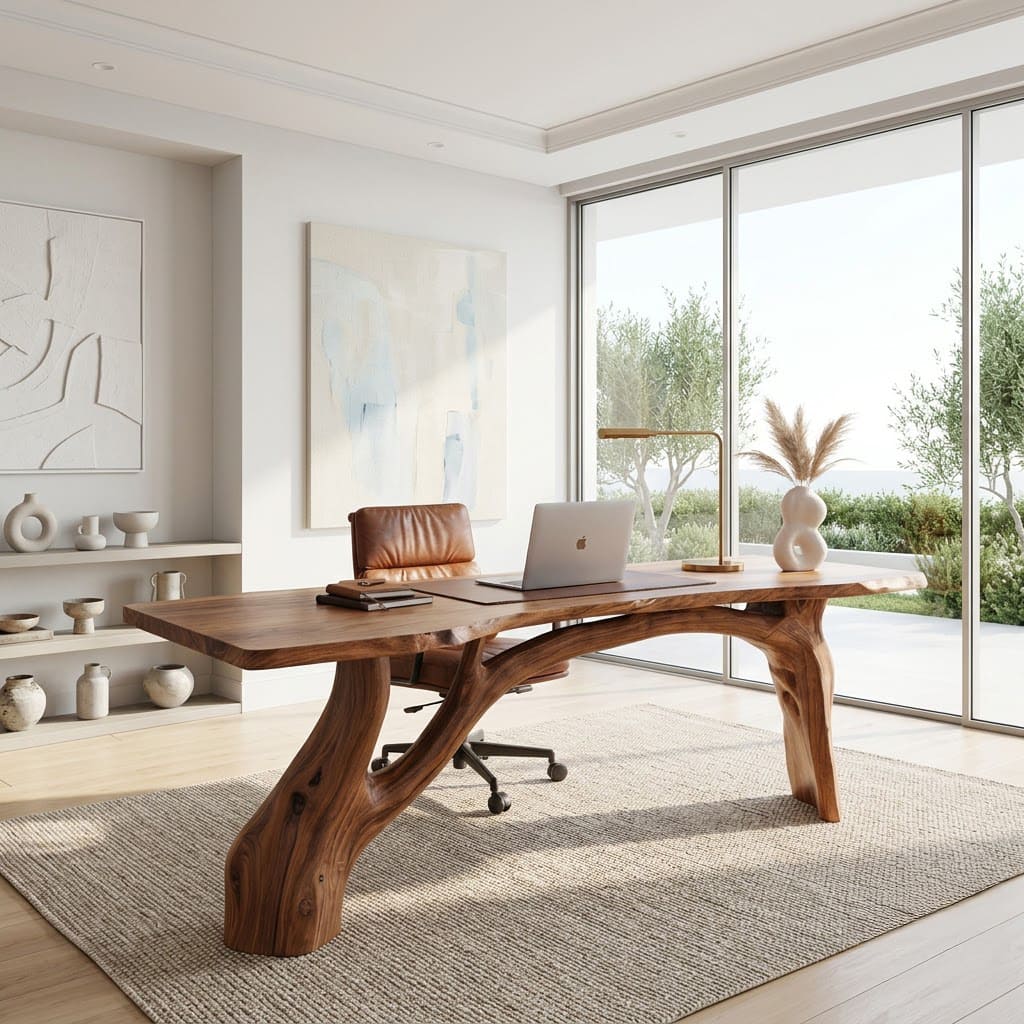 Minimalistischer Schreibtisch aus Massivholz in einem zeitgenössischen Homeoffice
