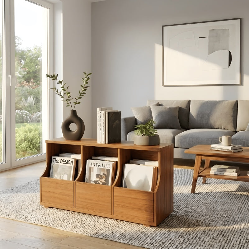 Minimalistisches niedriges Zeitschriftenregal aus Massivholz in einem zeitgenössischen Wohnzimmer