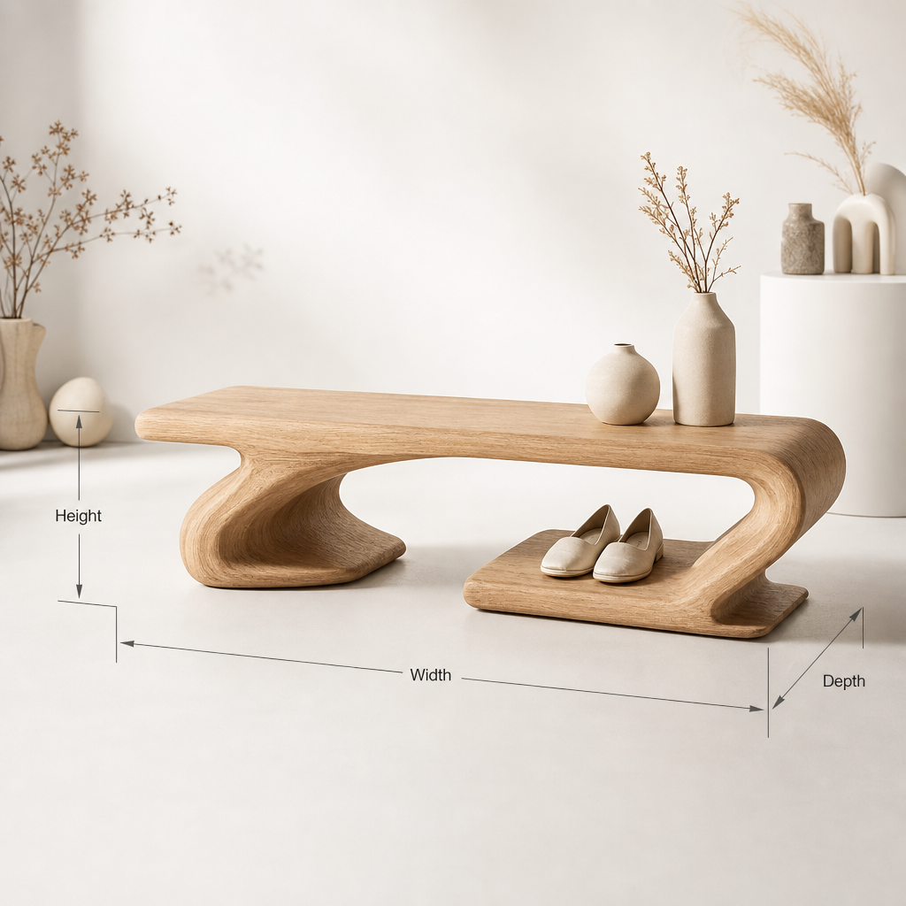 Minimalistische schmale Schuhbank aus Massivholz, optimiert für kompakte Eingangsbereiche