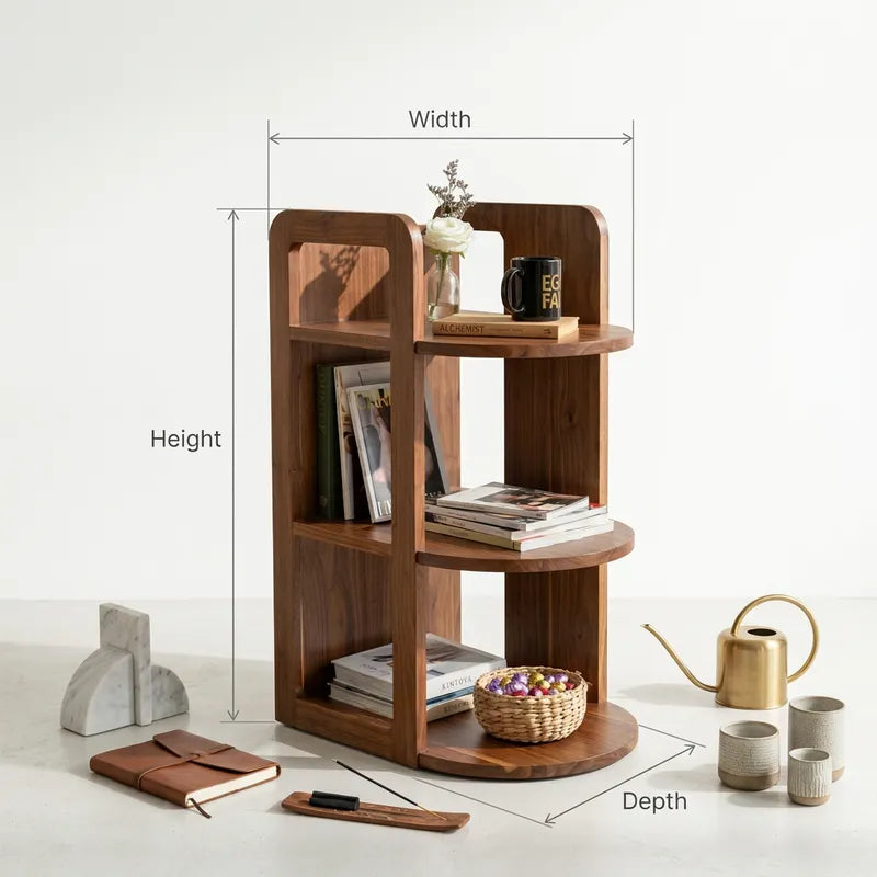 Gestufter geschwungener Zeitschriftenständer aus Massivholz & Beistelltisch