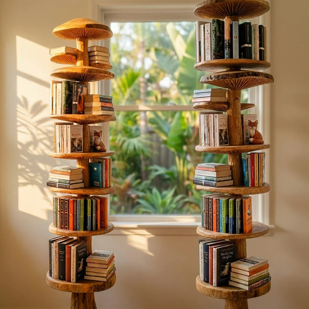 Stehender Pilz-Turm-Bücherregal mit gestuften runden Ablagen – Ashdeco 2026