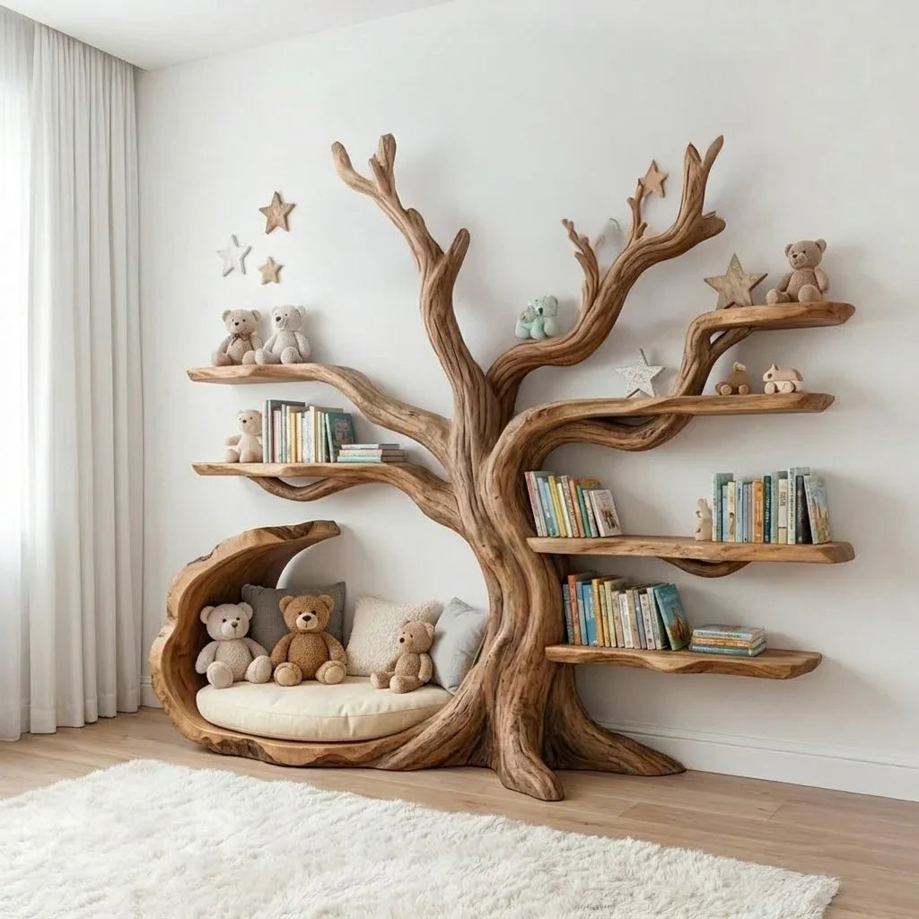 Handgefertigtes Kinder-Bücherregal aus Massivholz in einem gemütlichen Babyzimmer mit Büchern, Spielzeug und weichem Dekor