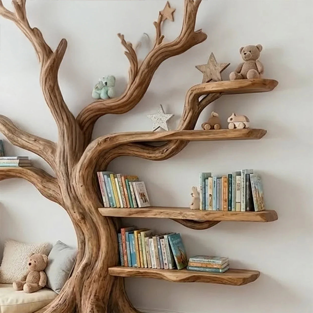 Handgefertigtes Kinder-Bücherregal aus Massivholz in einem gemütlichen Babyzimmer mit Büchern, Spielzeug und weichem Dekor