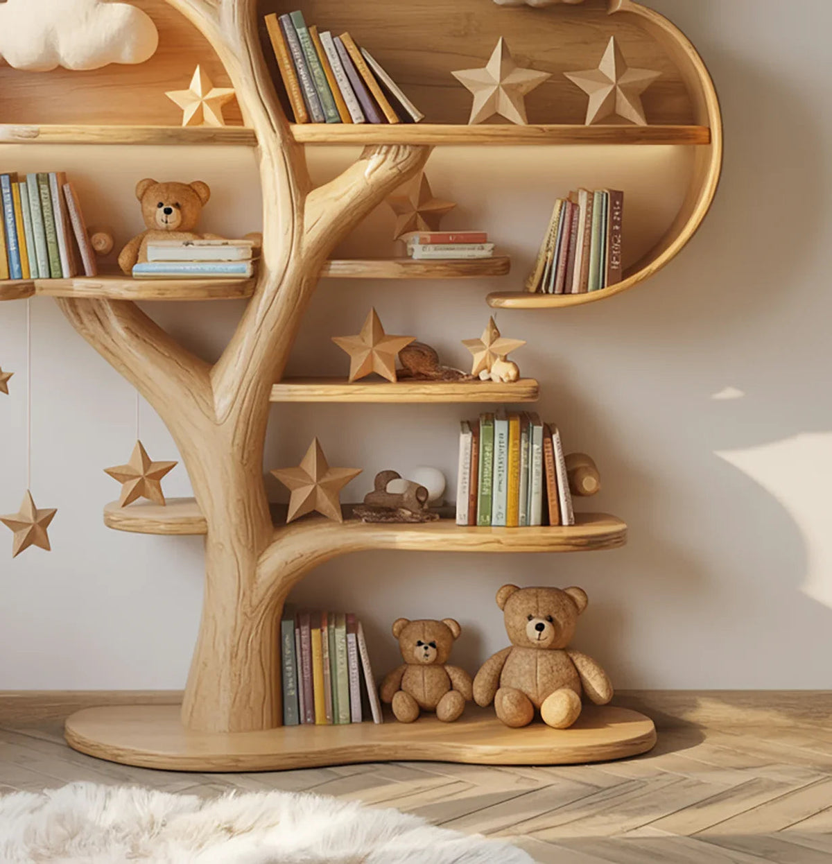 Kinder-Baum-Bücherregal aus Massivholz im Babyzimmer mit Büchern und Spielzeug auf den Regalen