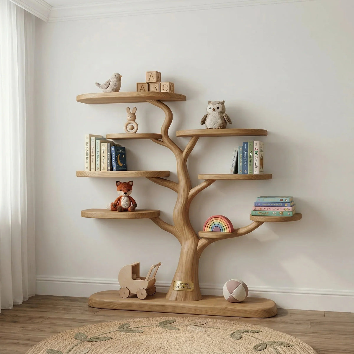 Baumförmiges Bücherregal fürs Kinderzimmer, dekoriert mit Spielzeug und Büchern