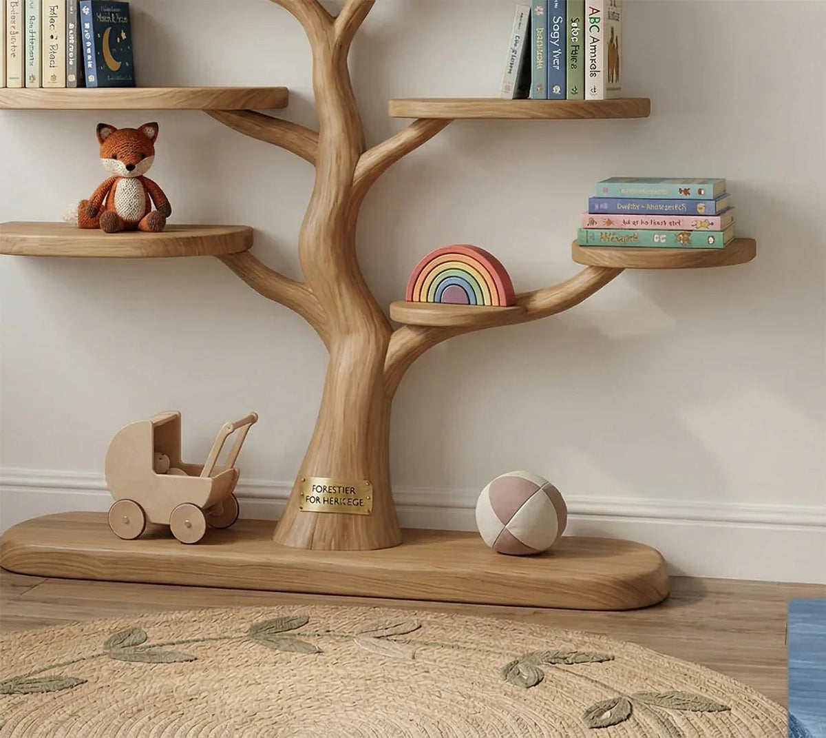 Baumförmiges Bücherregal fürs Kinderzimmer, dekoriert mit Spielzeug und Büchern