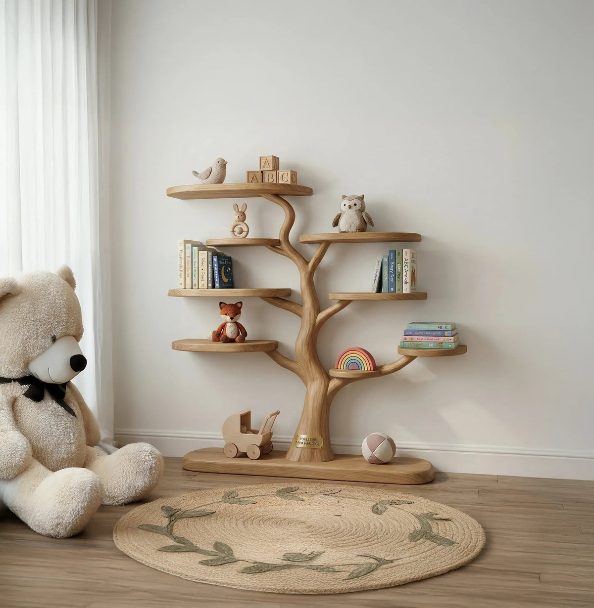 Baumförmiges Bücherregal fürs Kinderzimmer, dekoriert mit Spielzeug und Büchern