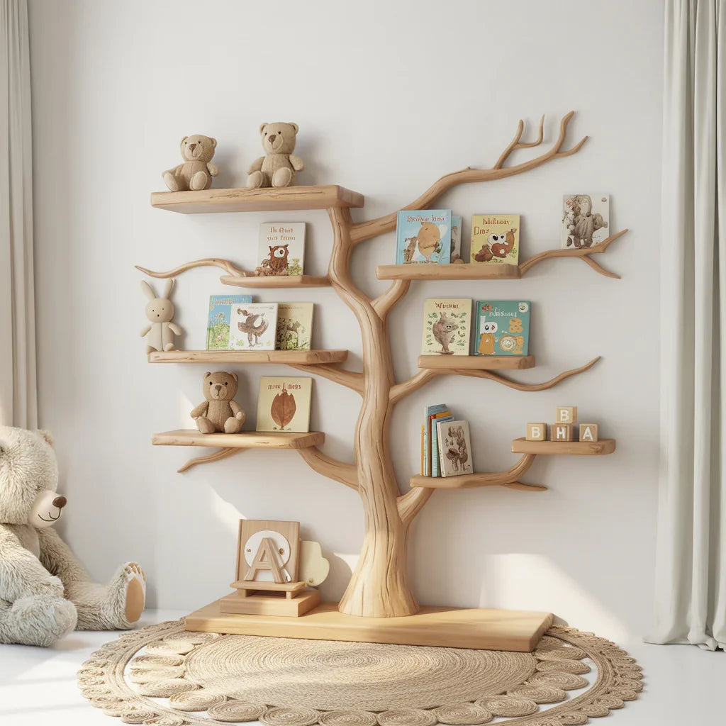 Baumförmiges Bücherregal auf Jute-Teppich mit Kinderbüchern und Spielzeug