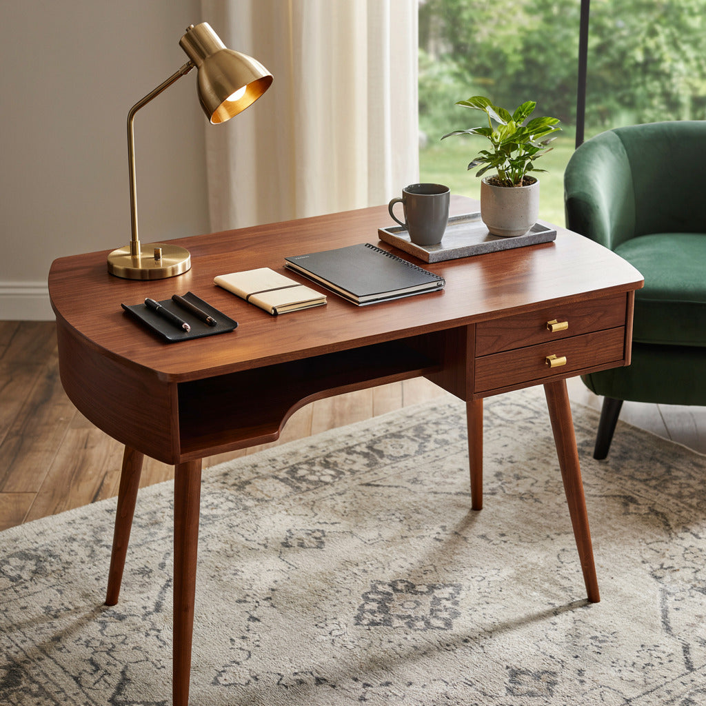 Mid-Century-Modern-Chefschreibtisch aus Massivholz in einem professionellen Arbeitsbereich