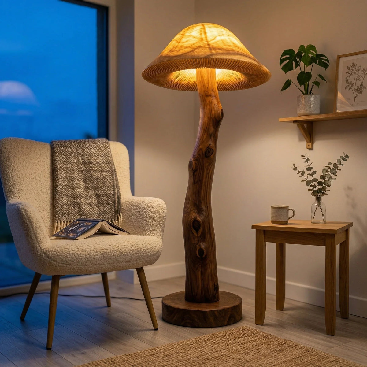Transluzente Pilz-Stehlampe aus Holz mit leuchtendem Hut, Baumkanten-Stammstiel und Nussbaumfuß in einem gemütlichen Wohnzimmer