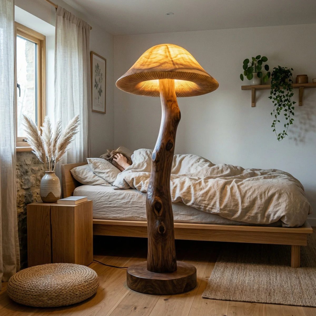 Transluzente Pilz-Stehlampe aus Holz mit leuchtendem Hut und Lamellendetail in einem gemütlichen Schlafzimmer