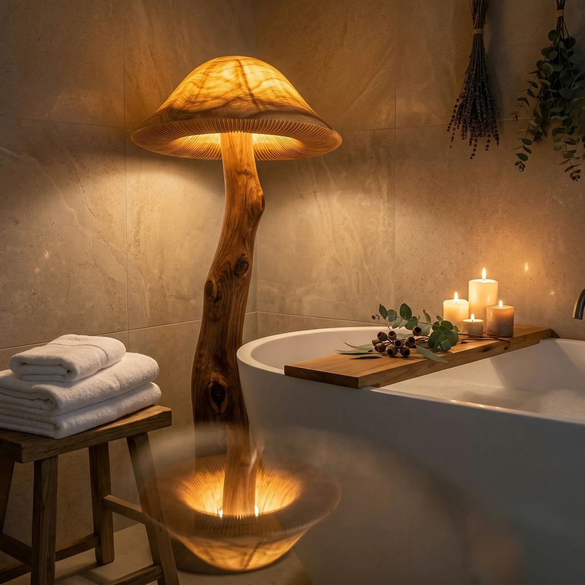 Transluzente Pilz-Stehlampe aus Holz mit leuchtendem Hut neben einer Badewanne in einem gemütlichen Badezimmer.