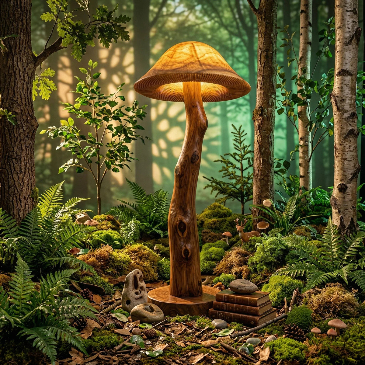 Transluzente Pilz-Stehlampe aus Holz mit leuchtendem Hut und detaillierten Lamellen auf einem Stammstiel in einer Waldszene