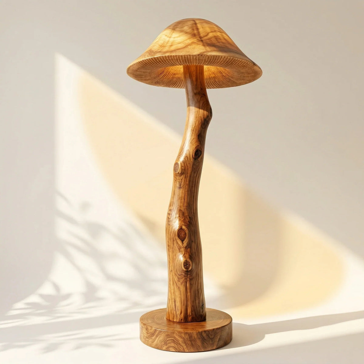 Transluzente Pilz-Stehlampe aus Holz mit leuchtendem Hut, Baumkanten-Stammstiel und Nussbaumfuß