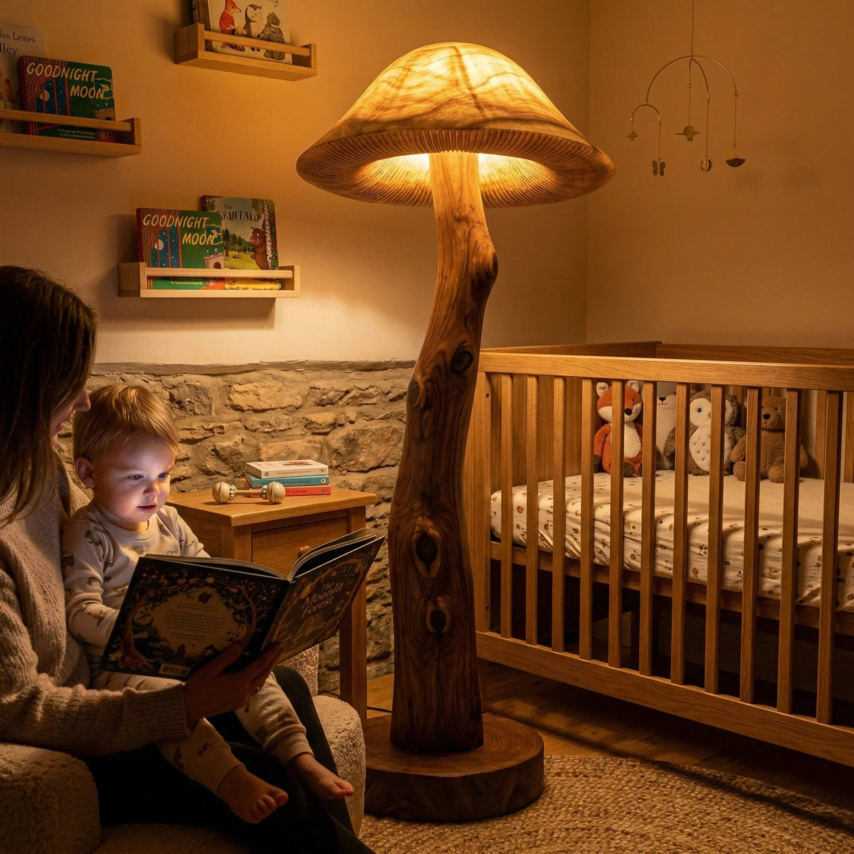 Transluzente Pilz-Stehlampe aus Holz mit leuchtendem Hut, Baumkanten-Stammstiel und Nussbaumfuß in einem gemütlichen Babyzimmer