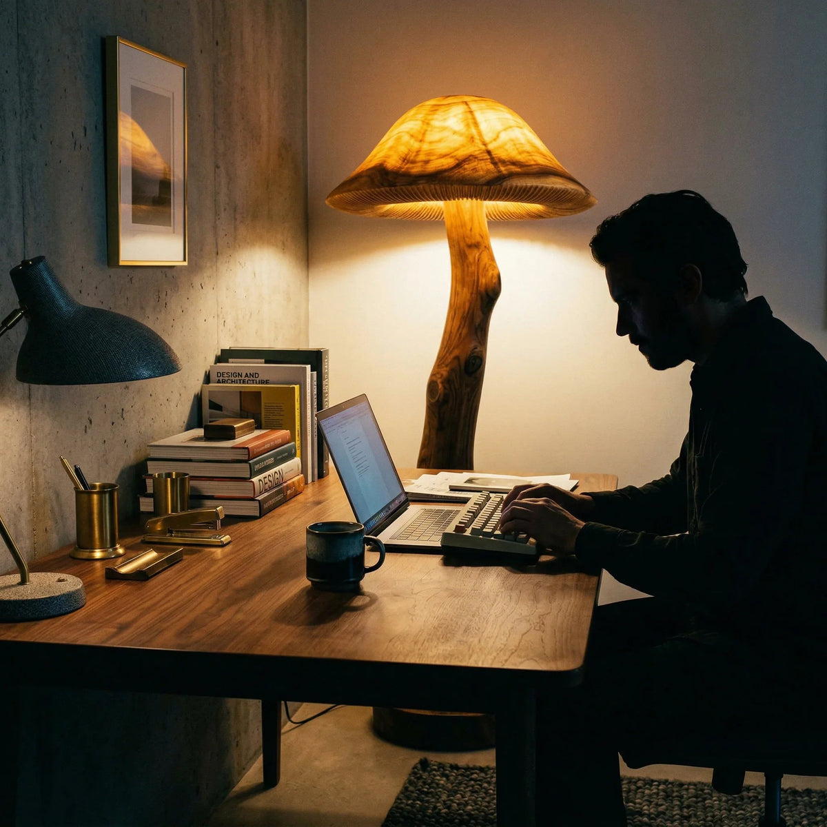 Transluzente Pilz-Stehlampe aus Holz mit leuchtendem Hut und Baumkanten-Stammstiel im Homeoffice