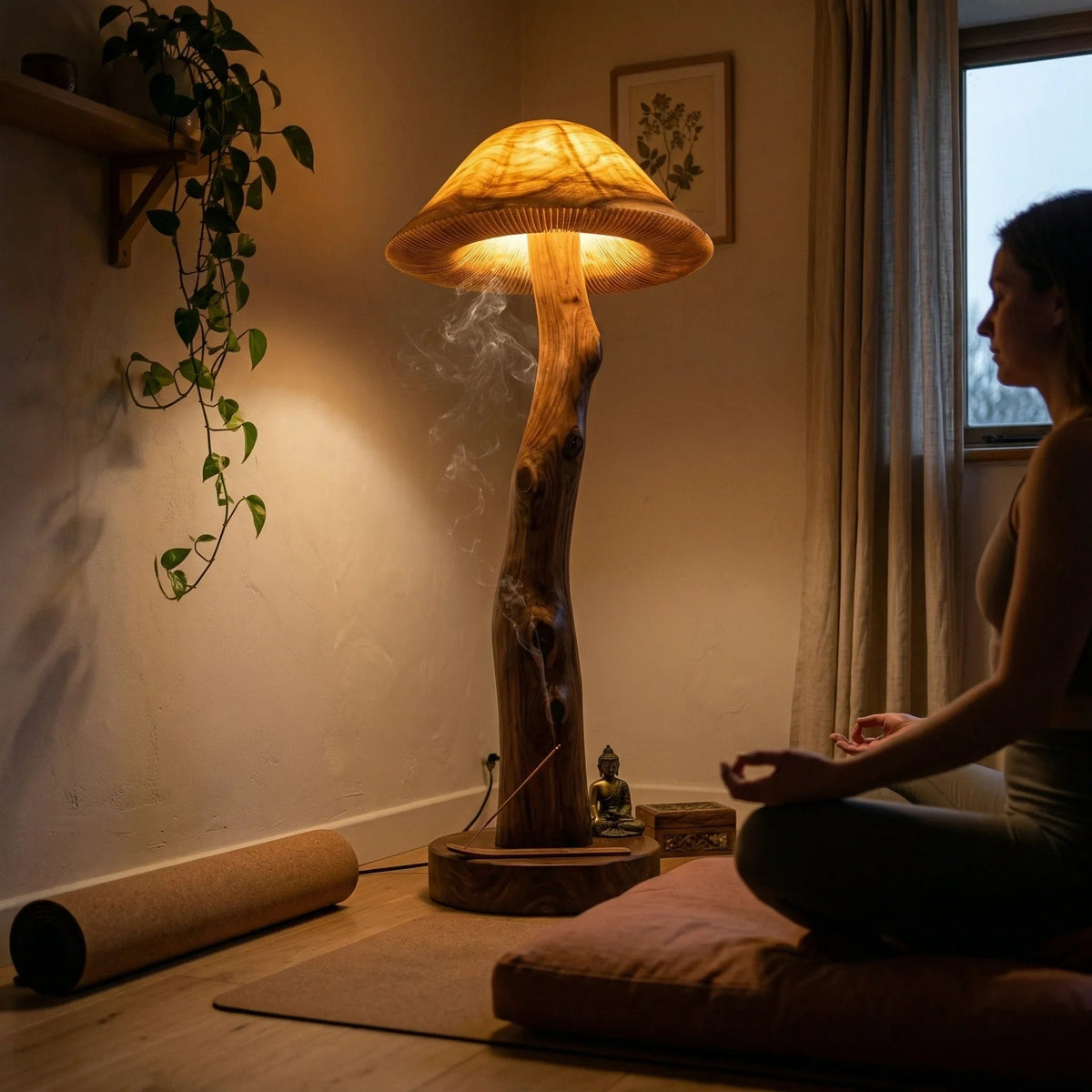 Transluzente Pilz-Stehlampe aus Holz, leuchtend auf Baumkanten-Stammstiel mit Nussbaumfuß in einem gemütlichen Meditationsraum.