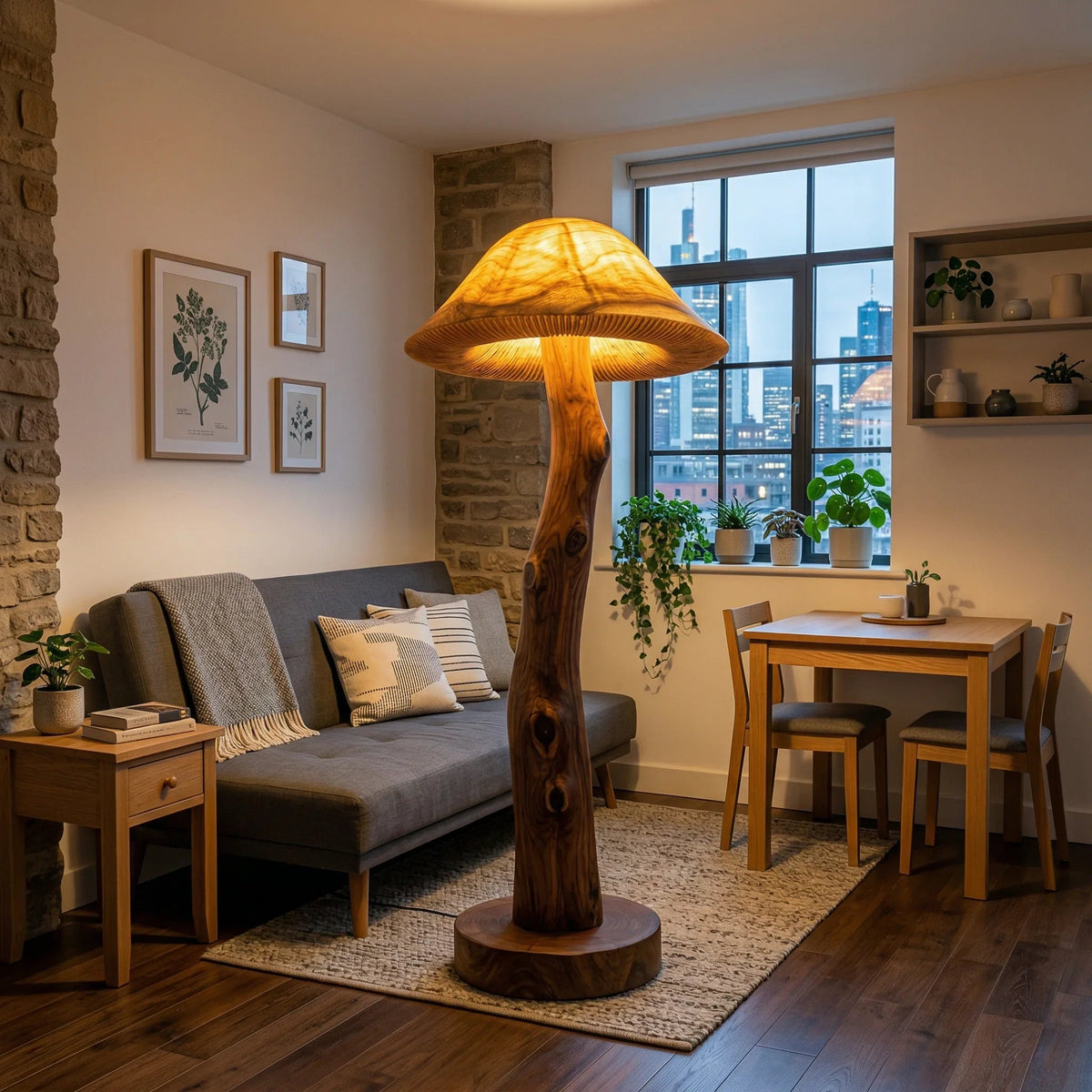 Transluzente Pilz-Stehlampe aus Holz mit leuchtendem Hut und Baumkanten-Stammstiel in einem gemütlichen Wohnzimmer