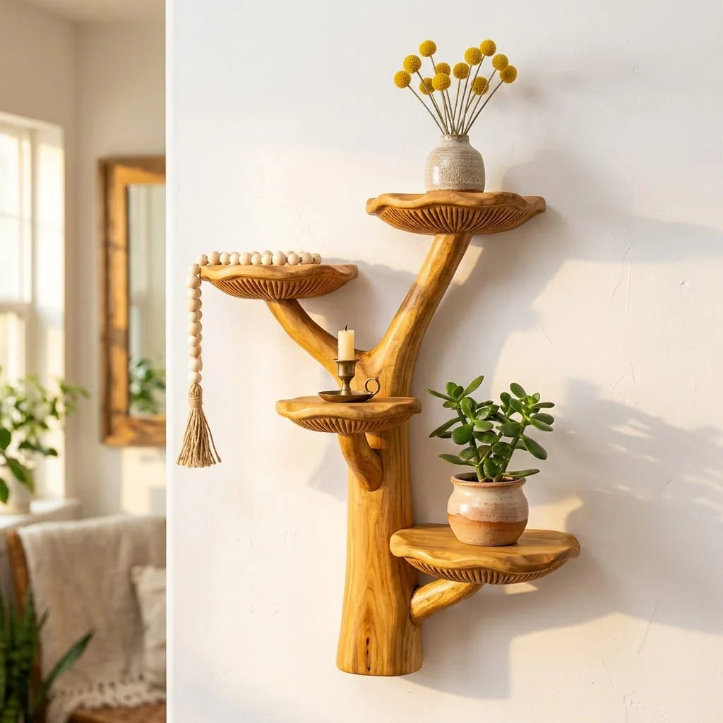 Pilz-Wandregal mit gegabeltem Stamm und 4 asymmetrischen Hüten – Handgefertigtes verzweigtes Baumregal aus Massivholz mit geschnitzten Lamellen und Y-Stamm – Ashdeco 2026