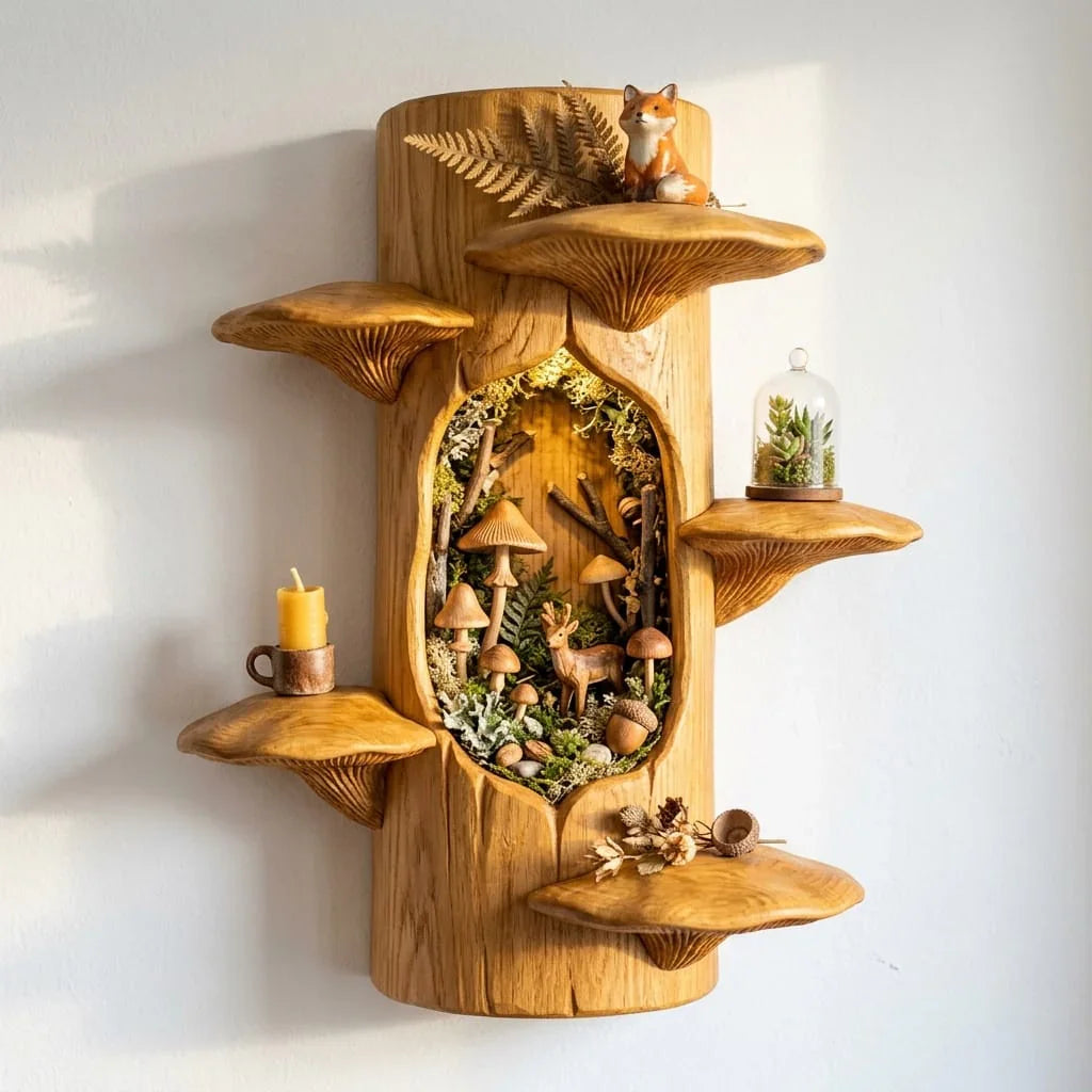 Pilz-Baumstamm-Wandregal mit Waldnische – Handgefertigtes Schauregal aus Massivholz – Ashdeco 2026