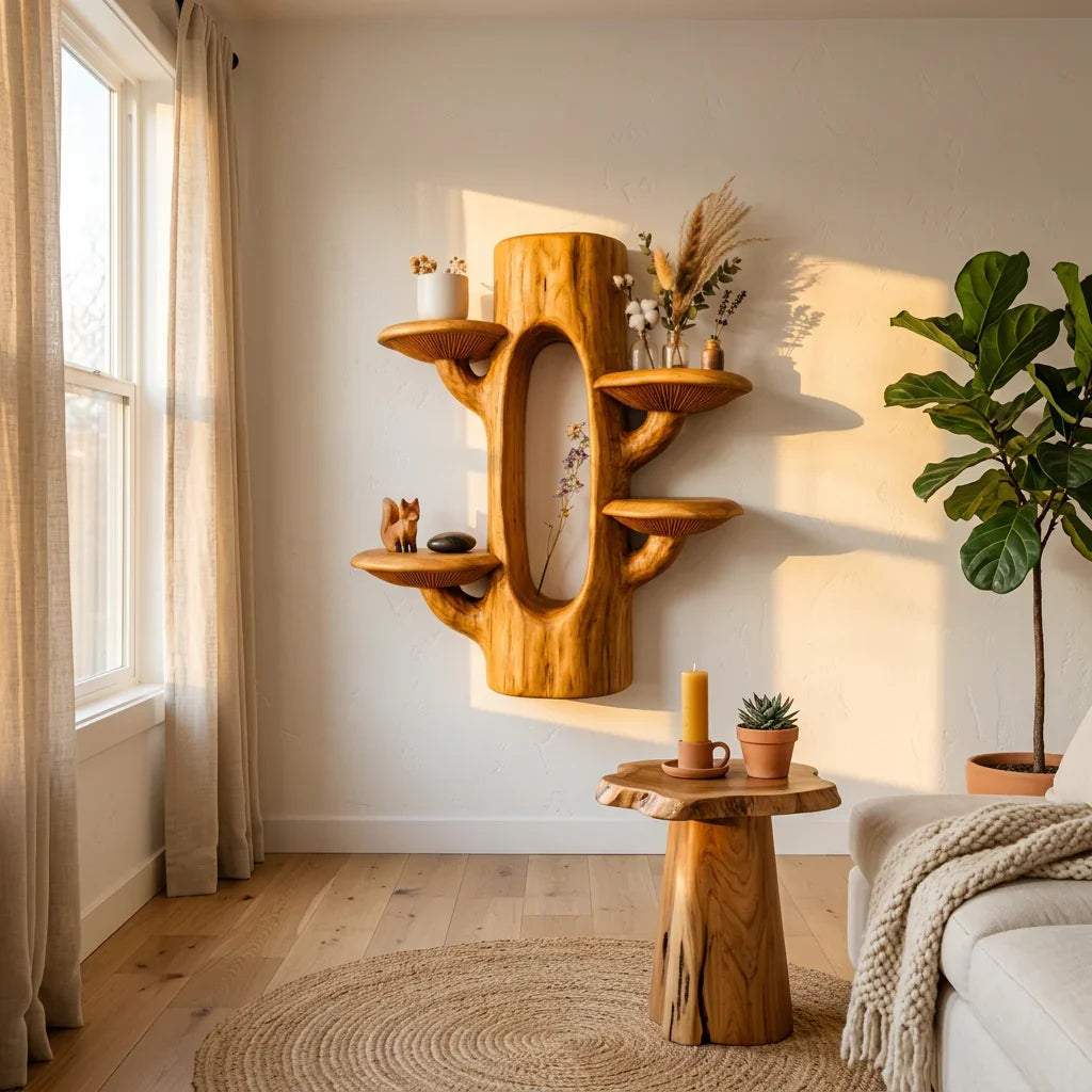 Pilz-Baumstamm-Wandregal mit hohler Schaunische – Skulpturale Schwebregale aus Massivholz für Wohnzimmer, Schlafzimmer & Eingangsbereich – Ashdeco 2026