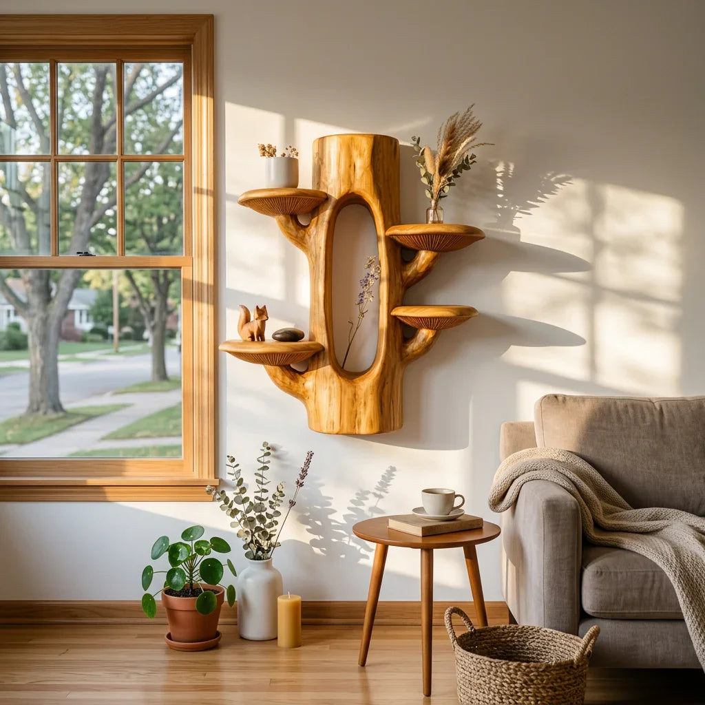 Pilz-Baumstamm-Wandregal mit hohler Schaunische – Skulpturale Schwebregale aus Massivholz für Wohnzimmer, Schlafzimmer & Eingangsbereich – Ashdeco 2026