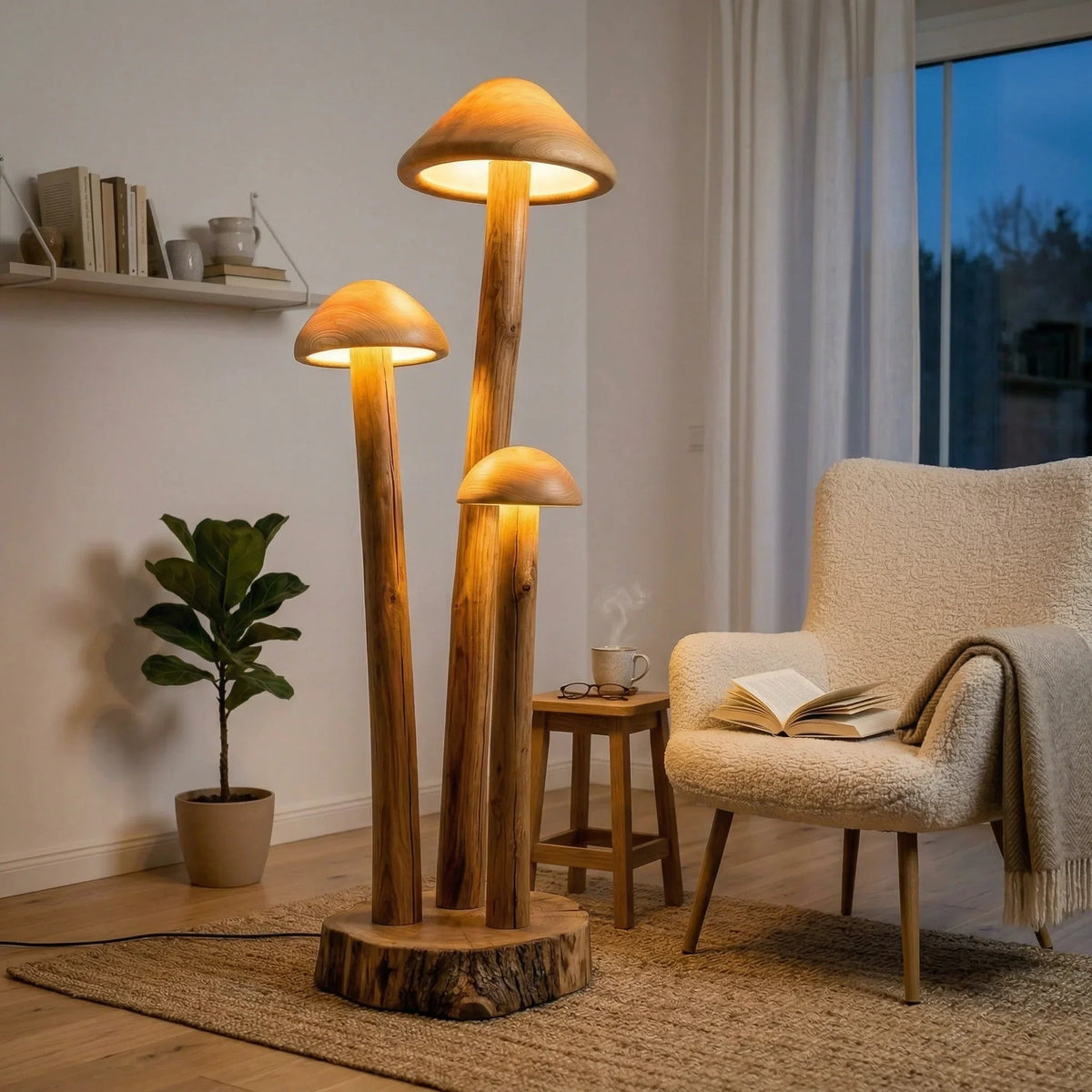 Dreifach-Pilzgruppen-Stehlampe mit Holzstielen und hohlen Kuppelschirmen in einem gemütlichen Wohnzimmer