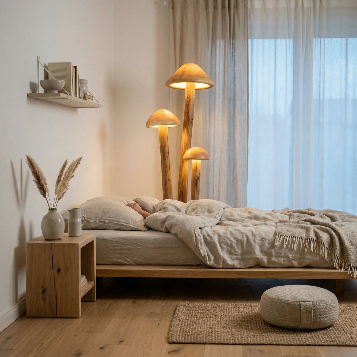 Dreifach-Pilz-Stehlampe mit Holzfuß in einem gemütlichen minimalistischen Schlafzimmer