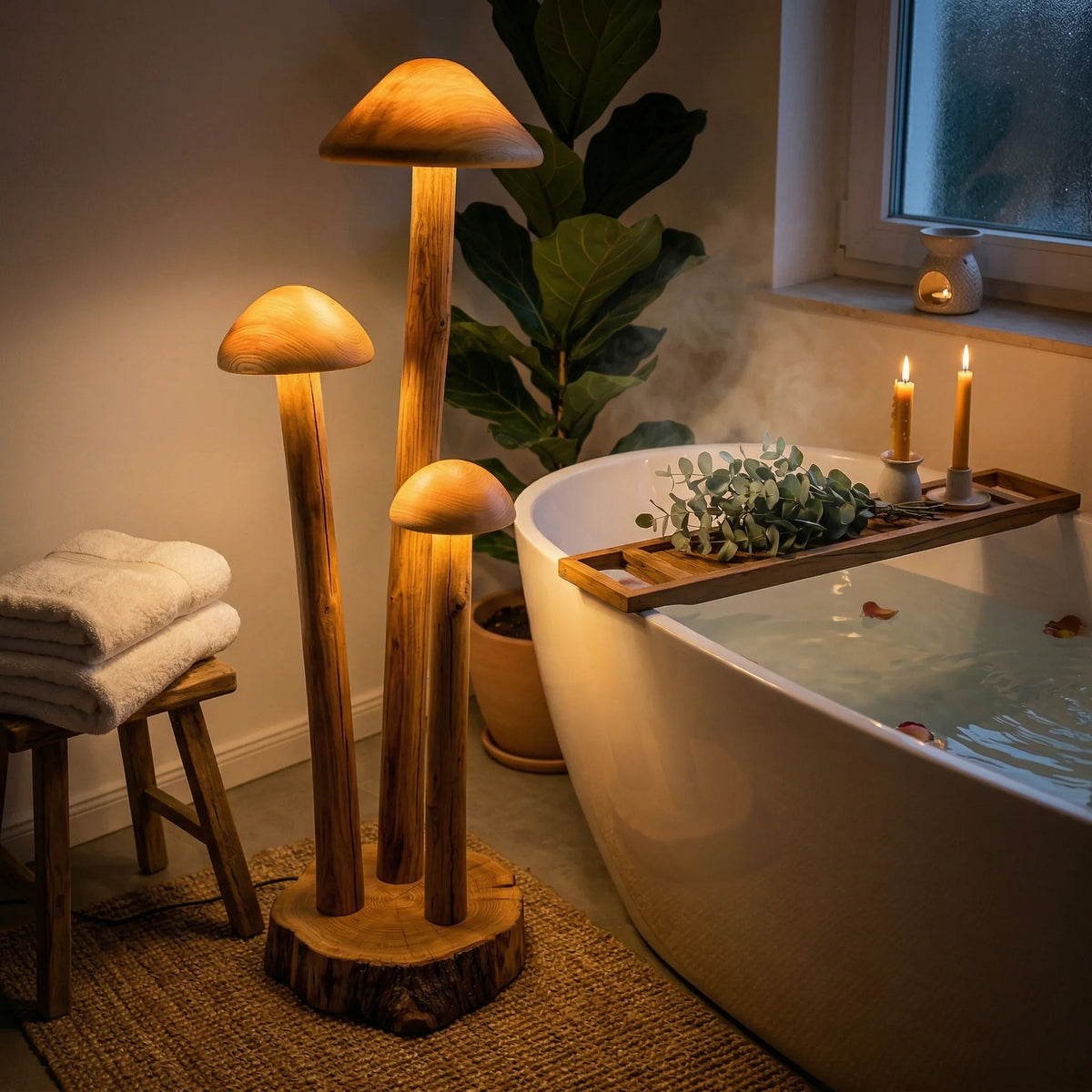 Dreifach-Pilzgruppen-Stehlampe mit Holzfuß neben einer modernen Badewanne in einem gemütlichen Badezimmer